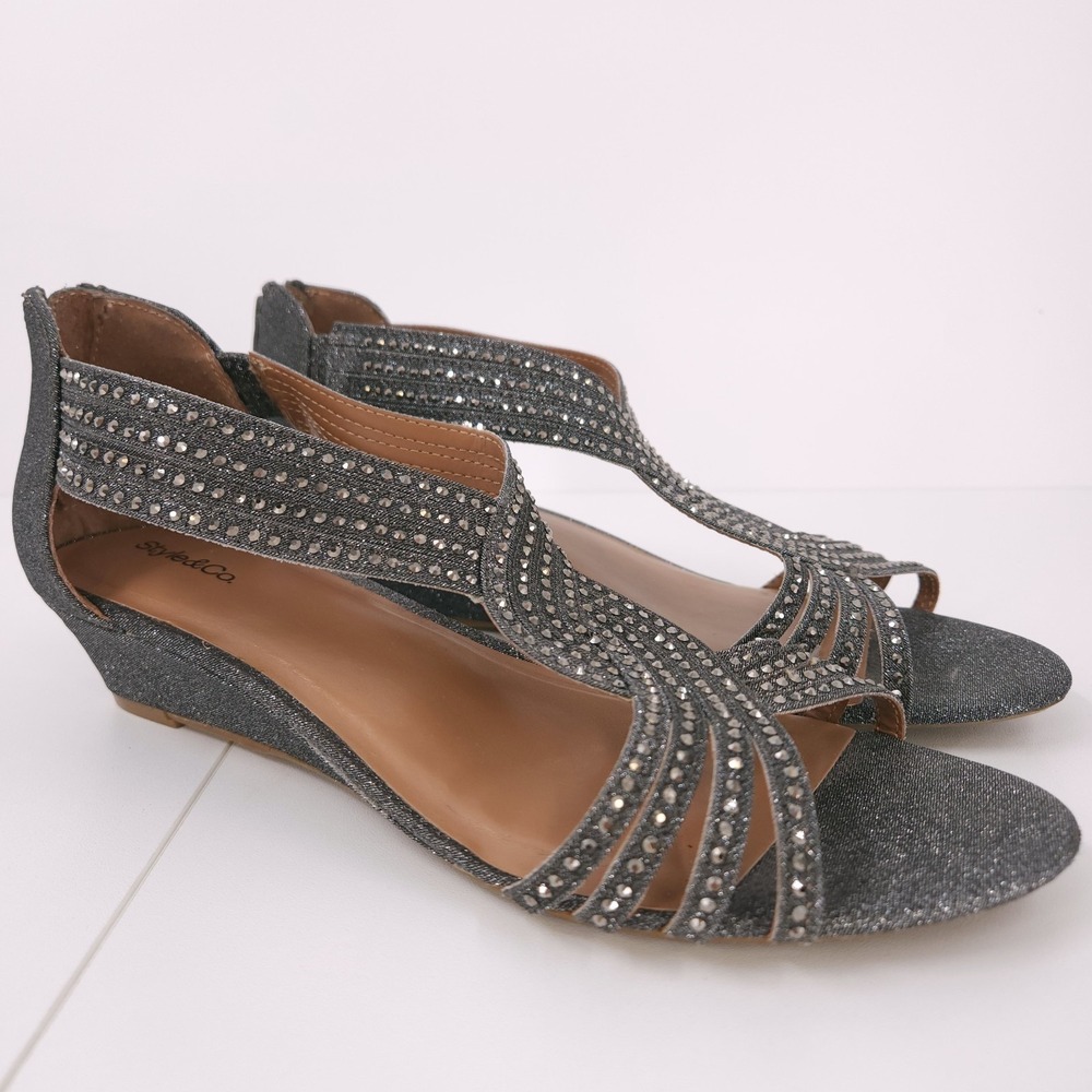 Style & Co Ginifur Embellished Strappy Wedge Sandals Pewter Womens Size 9.5
